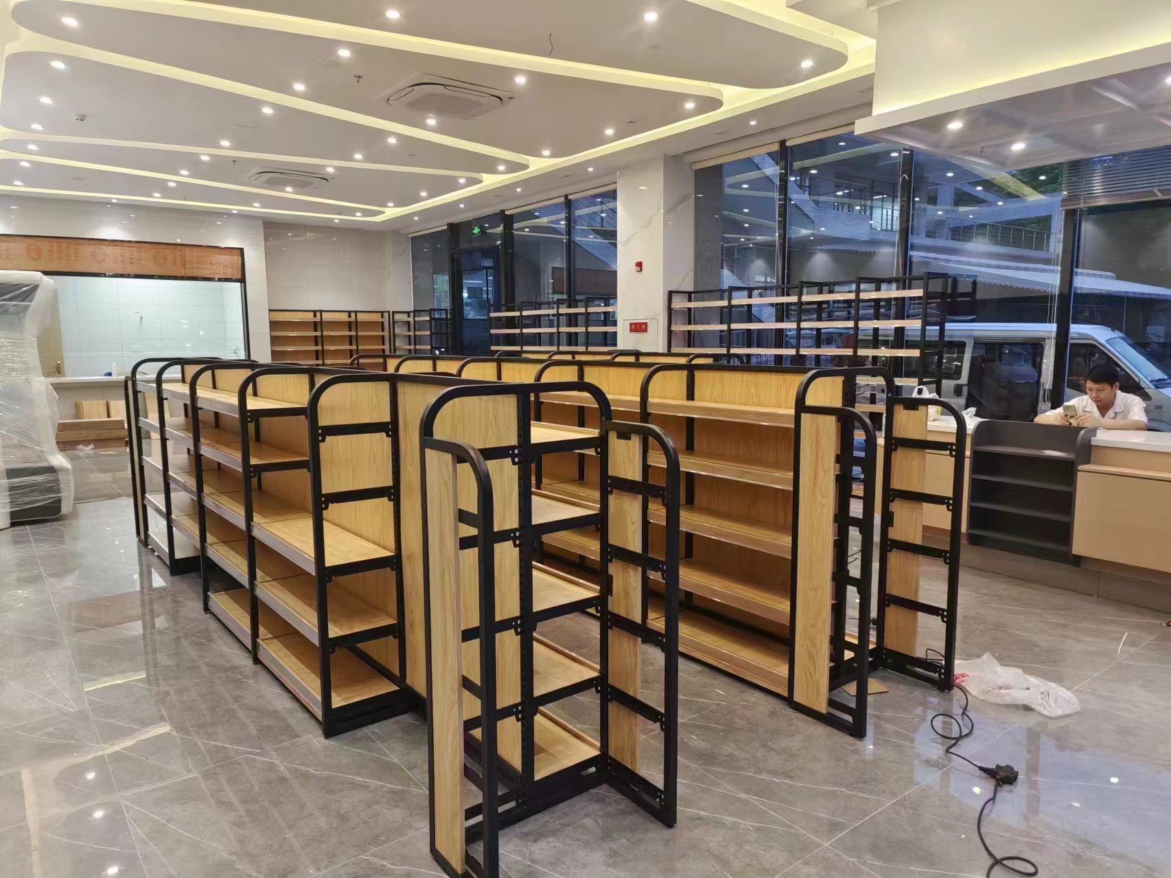 Pharmacy and Cosmetic Shop Display Shelf Wood Metal Supermarket Rack with Double-Sided Light Duty 350 400mm Storage Capacity