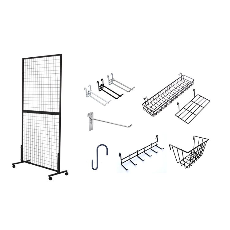 Heavy Duty Single-Sided Wire Gridwall Display Rack Stand Sturdy T-Base Floorstanding on Wheels Steel Grid Wall Panels