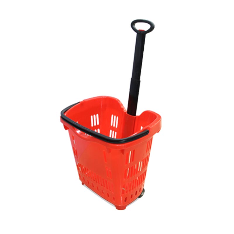 RUNDA-PW603 Red Single Pull Rod and One Handle with 4 Wheels Shopping Basket Plastic 40 Liters Capacity Supermarket Use RZ