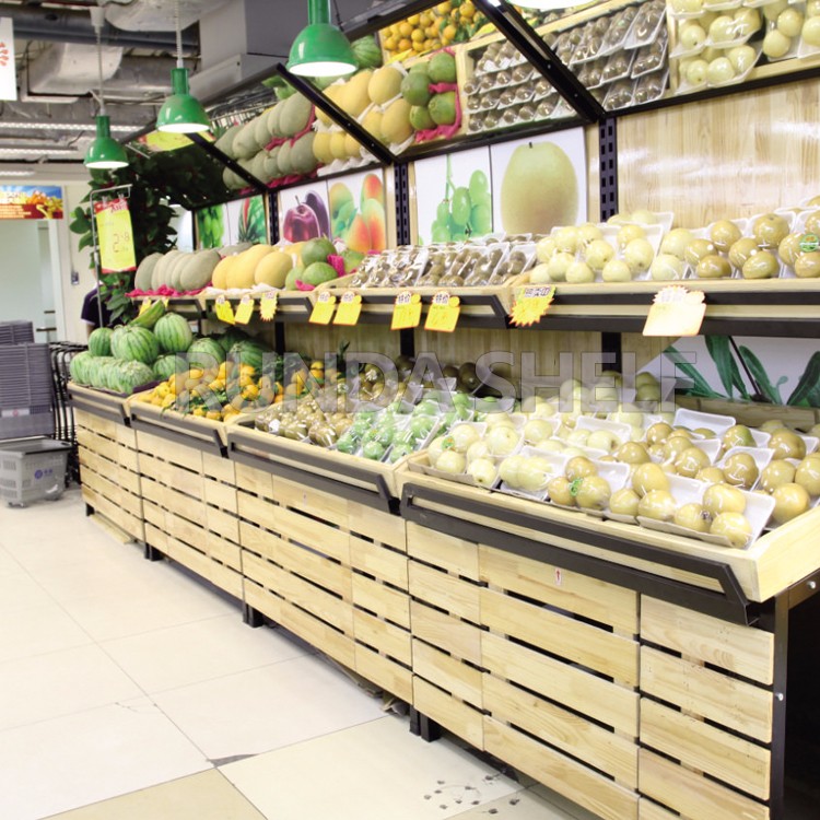 Light Duty Wooden Vegetable Stand Supermarket Storage Rack for Fruit Vegetable Display Single-Sided Iron Plastic Display Shelf