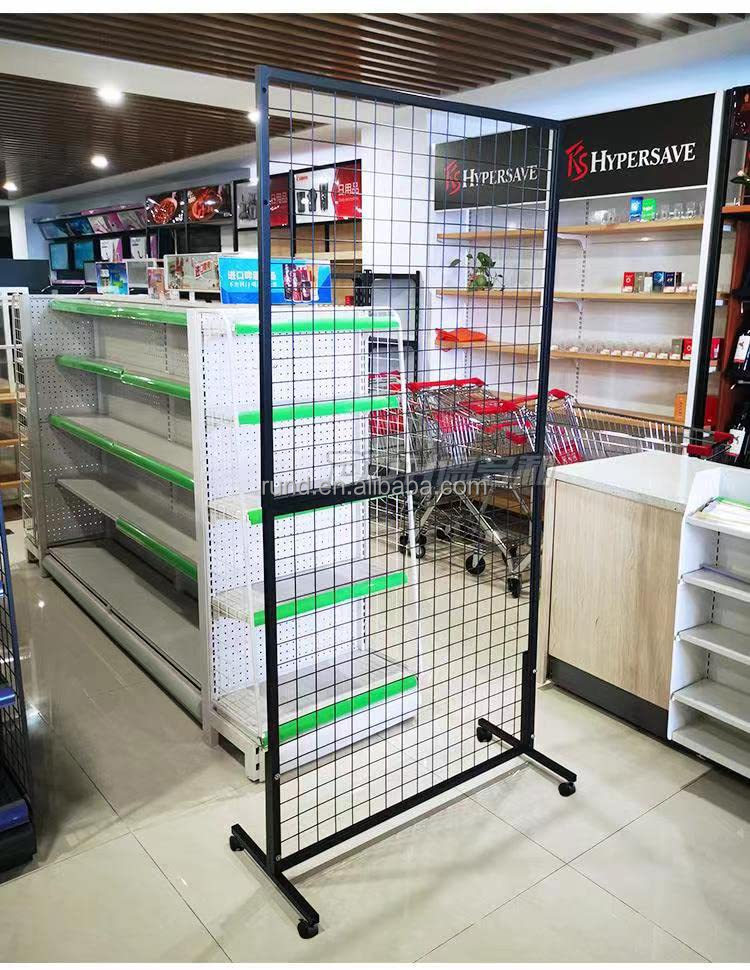 Black Wire Gridwall Two-Double T-Base Tower Floorstanding Supermarket Rack for Craft Fair Display Art Rack Made of Steel