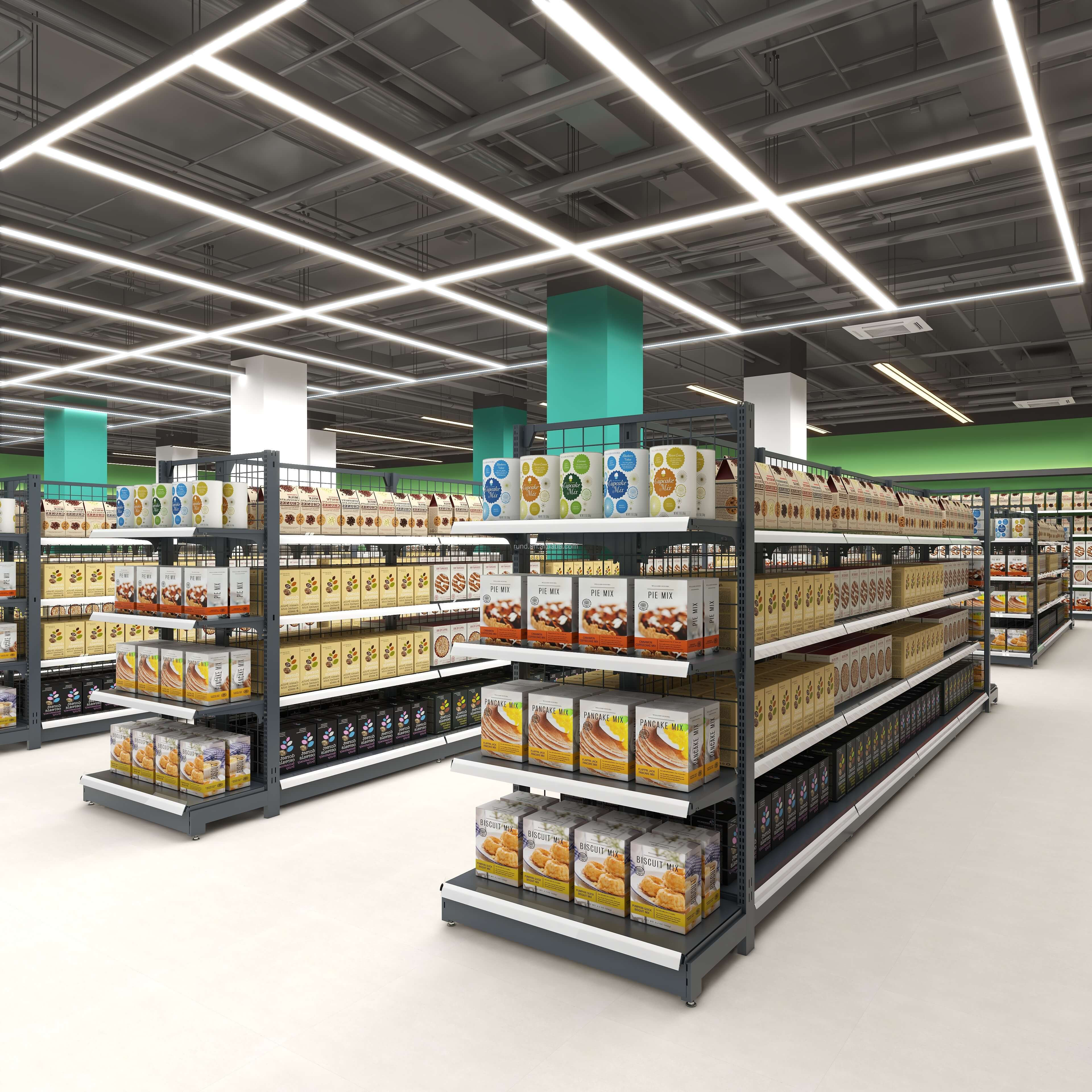 Heavy Duty Metallic Gondola Shelves Supermarket Display Stand with Double-Sided Design and 3 Shelves