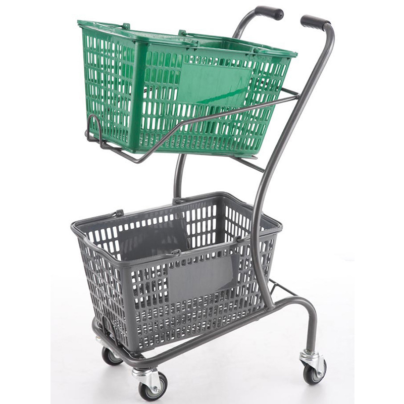Supermarket Shopping Trolley Foldable Black with Chrome Plated Wheels Coin-Lock Feature Plastic Steel Material Unfolding Feature