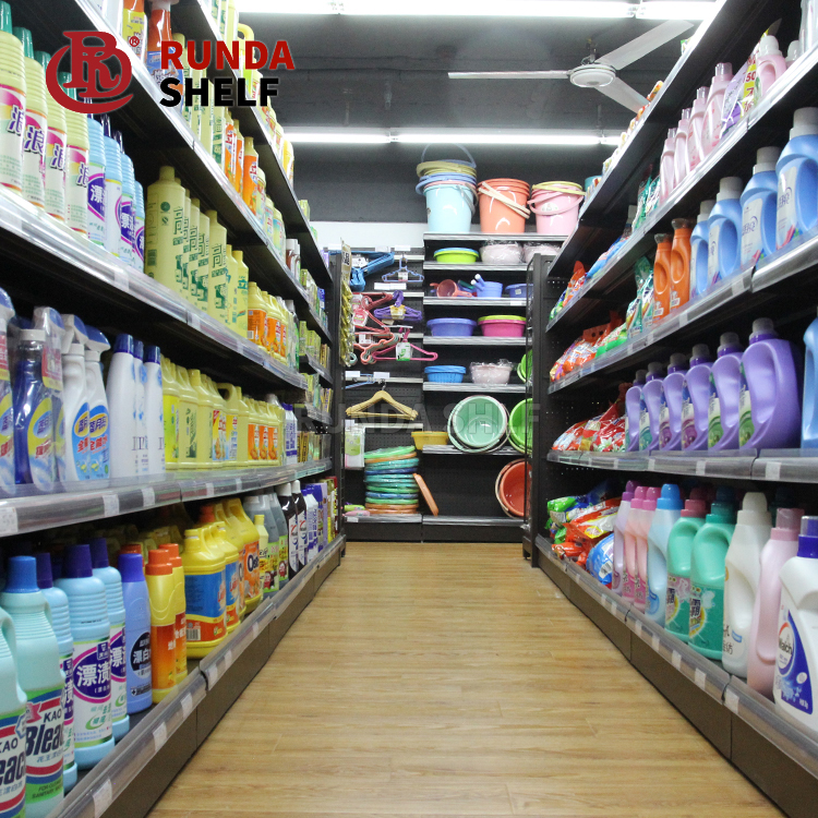 Runda 18# Metallic Light Duty Freestanding Single Sided Supermarket Display Shelves for Grocery Store & Chinese Tea Retail