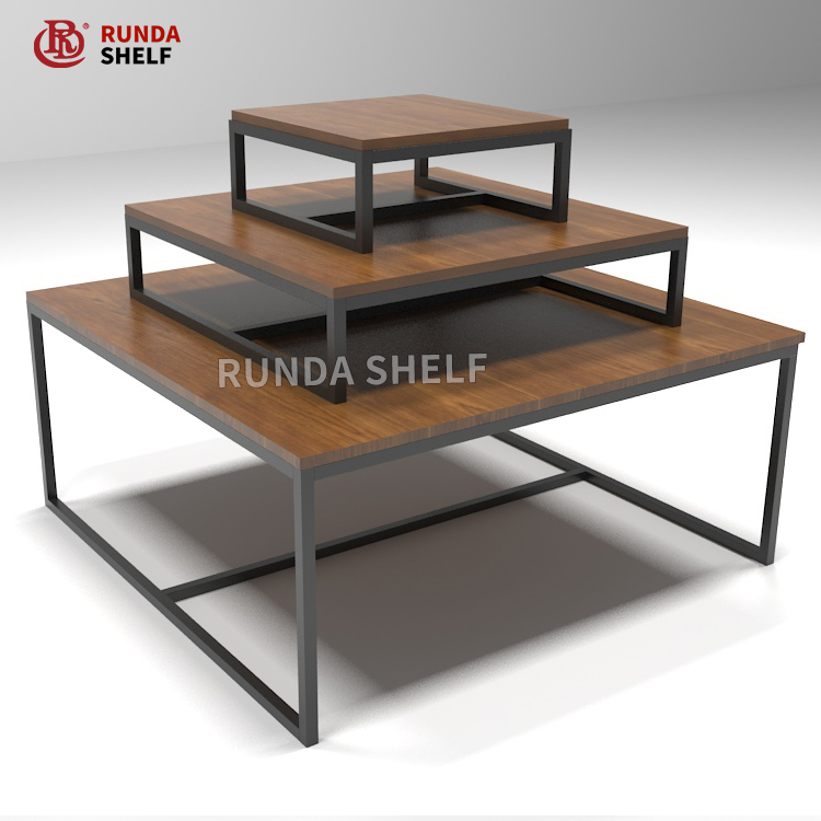 Supermarket Rack 3-Layer Heavy Duty Display Table Single-Sided Promotion Stand in Wood and Steel for Promotions