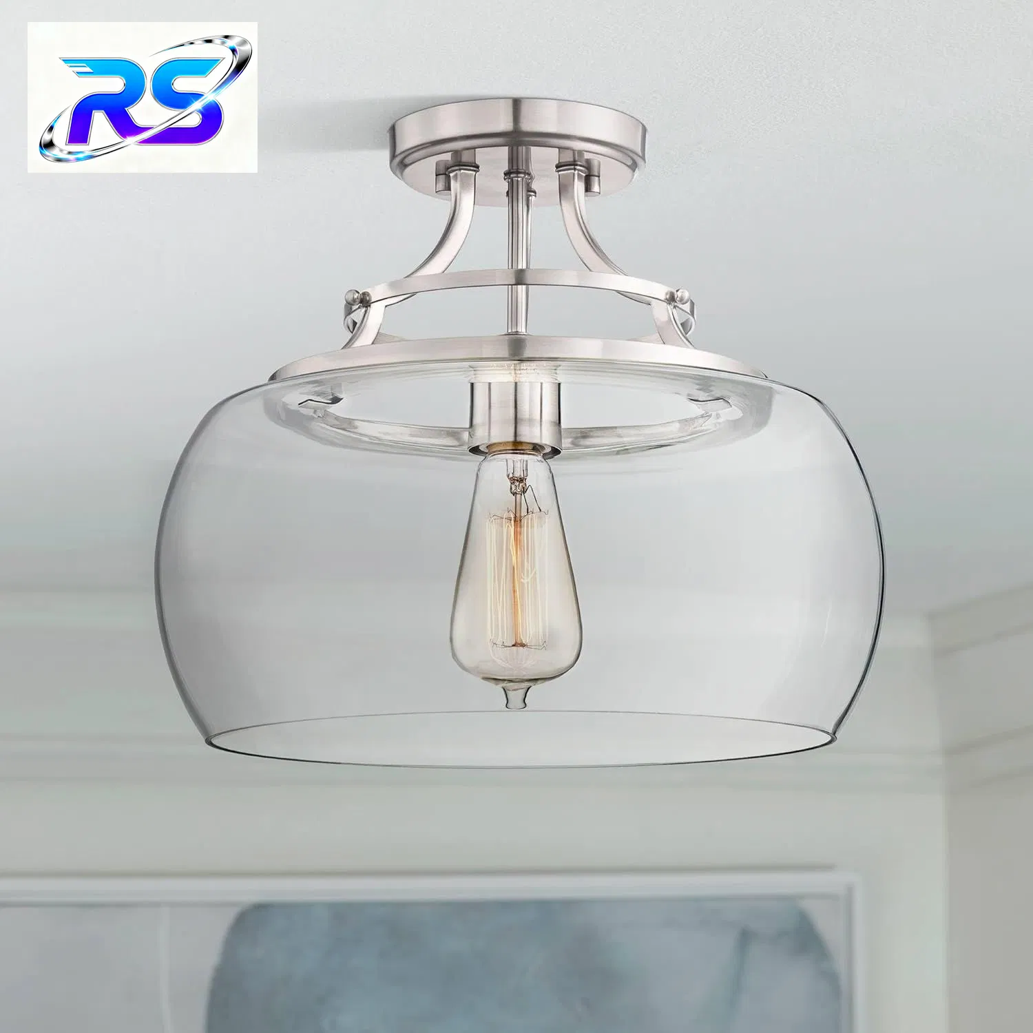 Industrial Rustic Farmhouse Ceiling Semi Flush Mount Brushed Nickel LED Clear Glass Ceiling Lights