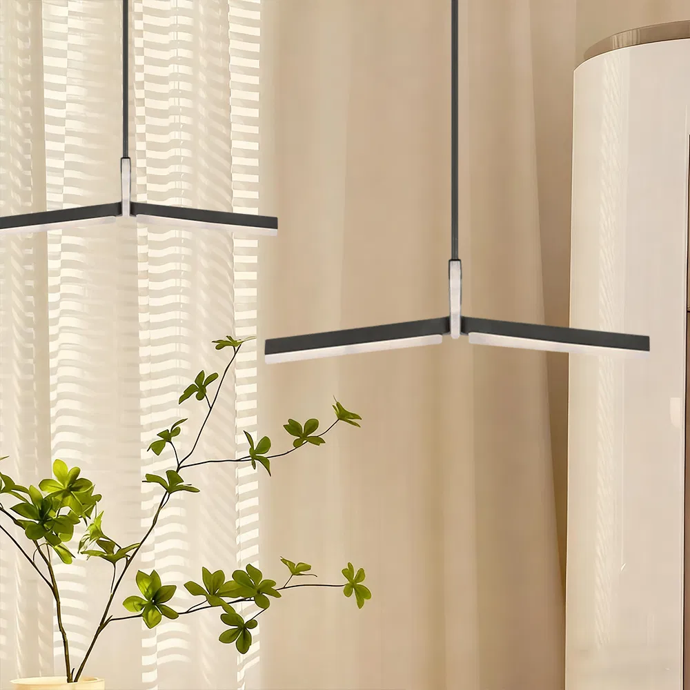 1-Layer V-Shaped Black Linear LED Pendant Light, Minimalist Hanging Chandelier for Dining Table