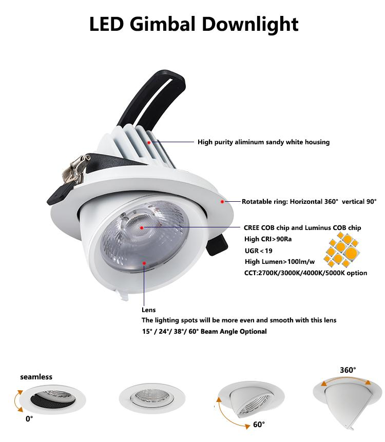 Adjustable Ceiling Recessed Spotlights Smart Gimbal LED Down Lights for Shopping Mall