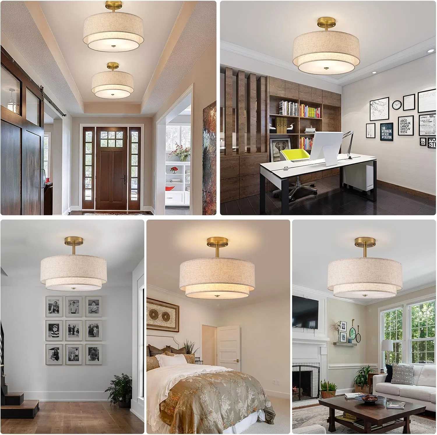 16" Semi Flush Mount Ceiling Light Fixture 3-Lights Gold Drum Ceiling Light for Bedroom