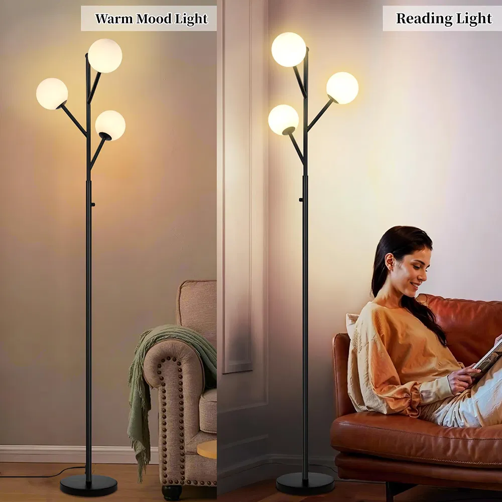 MID Century Living Room Modern Stepless Dimmable Standing Lamp Frosted Glass Shade Office Bedroom Study Room Black Tree Floor Lamp