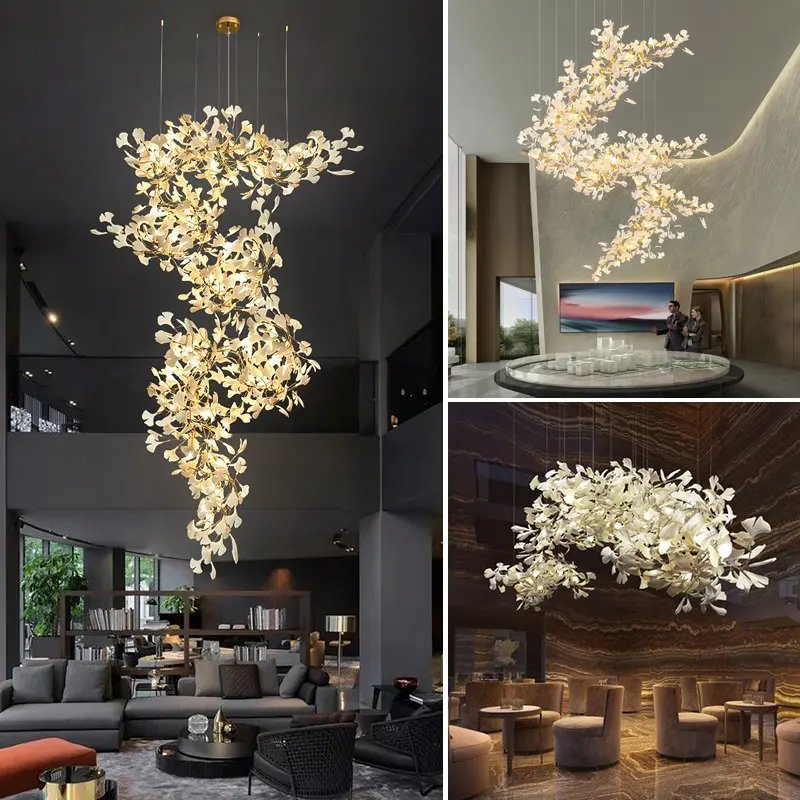 Modern Long Staircase Chandeliers Pendant Lights Custom Hotel Gold Large LED Ceiling Lighting Luxury Flower Crystal Chandeliers