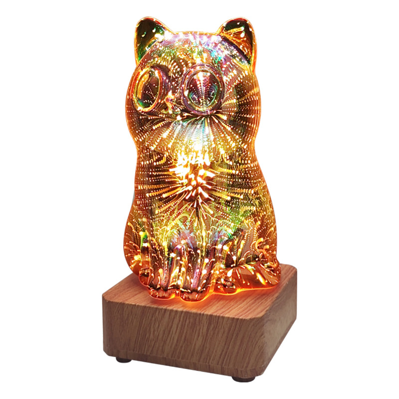 Colorful Cat Decorative LED Night Light Art Deco Table Lamps 3D Fireworks Glass Cat Lamp