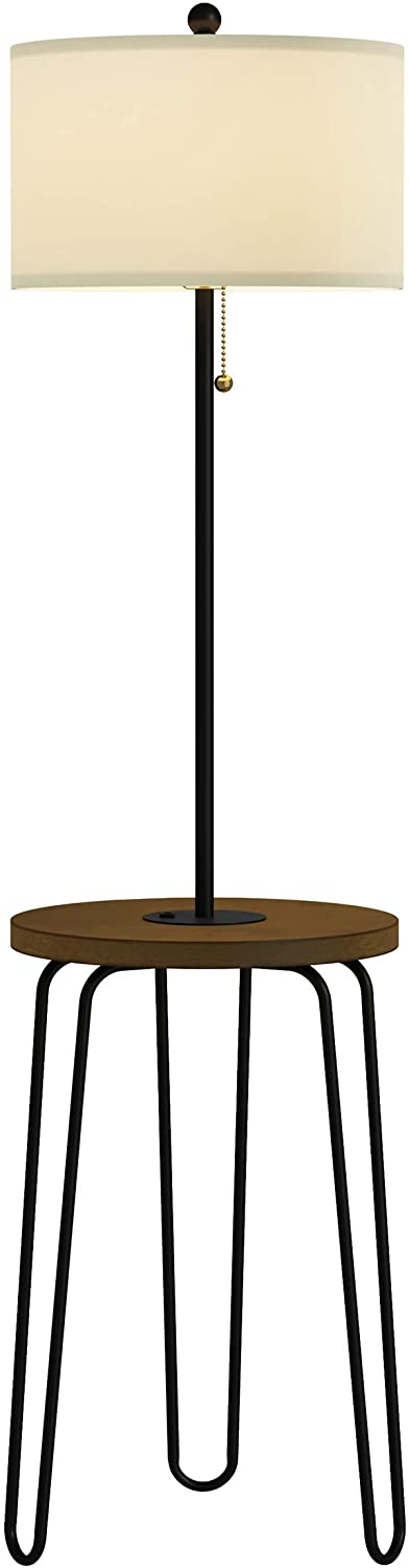 Floor Lamp End Table- MID Century Modern Style Side Table, Hairpin Legs, Drum Shape Shade, LED USB Charging Port