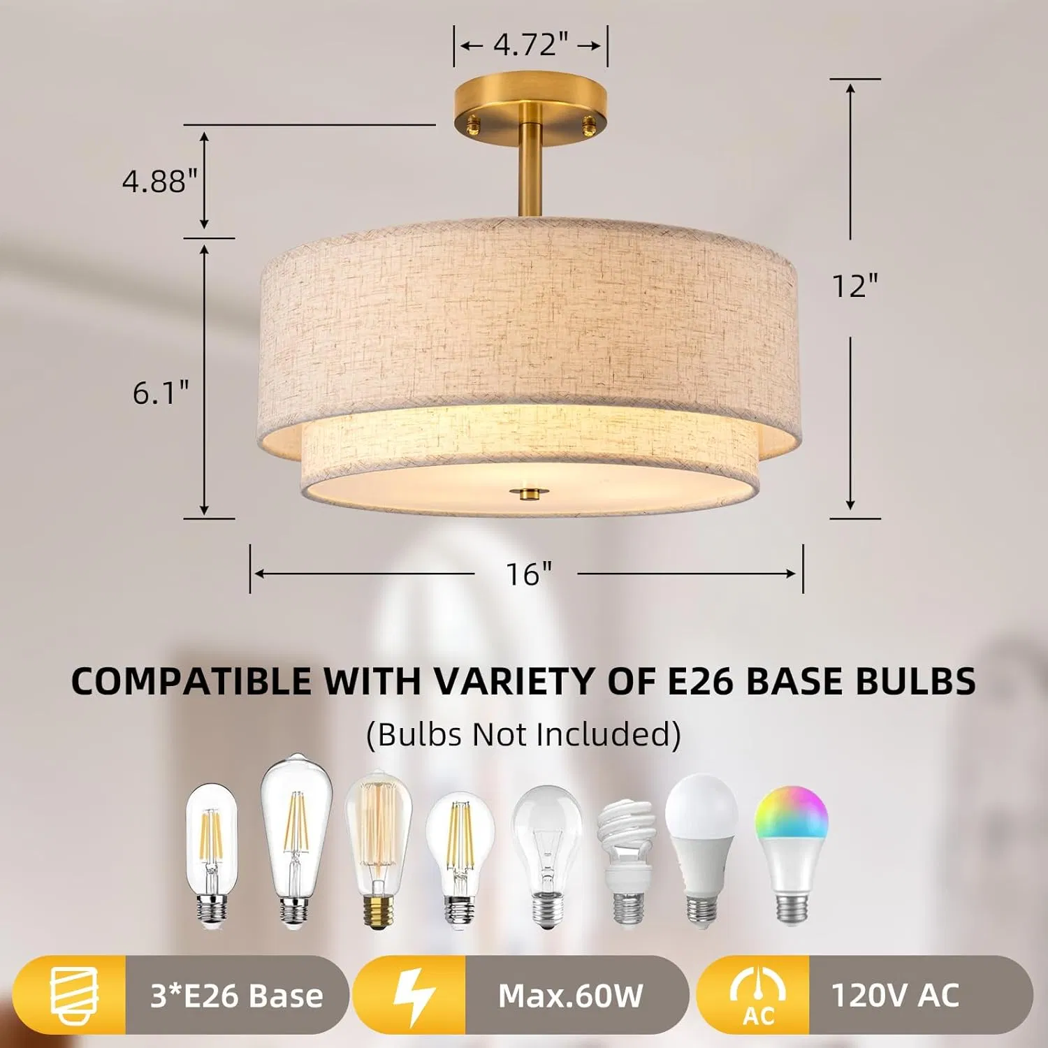 16" Semi Flush Mount Ceiling Light Fixture 3-Lights Gold Drum Ceiling Light for Bedroom