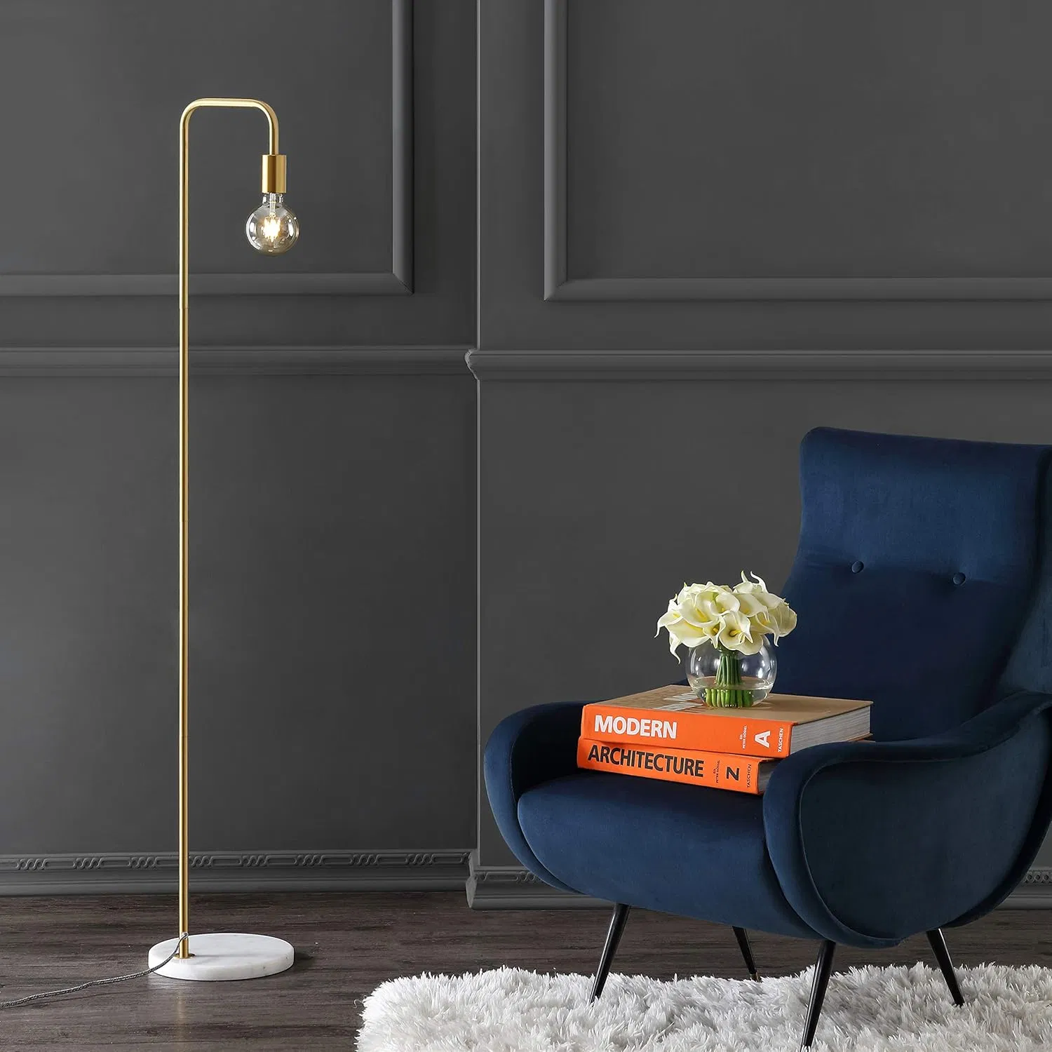 Modern Minimalist MID Century Brass Gold White Marble Base Tall Pole Floor Lamp