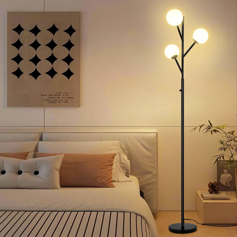 MID Century Living Room Modern Stepless Dimmable Standing Lamp Frosted Glass Shade Office Bedroom Study Room Black Tree Floor Lamp