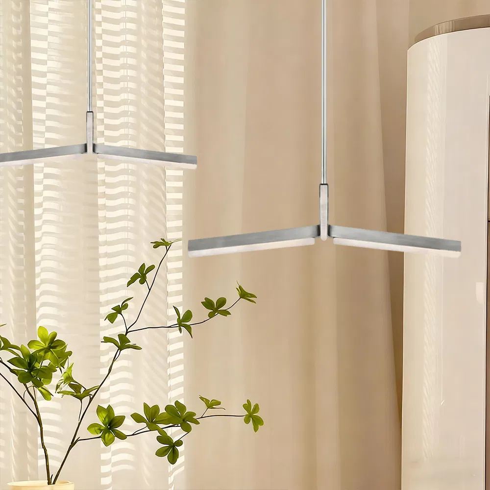 Minimalist Single-Tier V-Shaped Silver Linear LED Pendant Chandelier, Modern Hanging Lamp for Dining Table