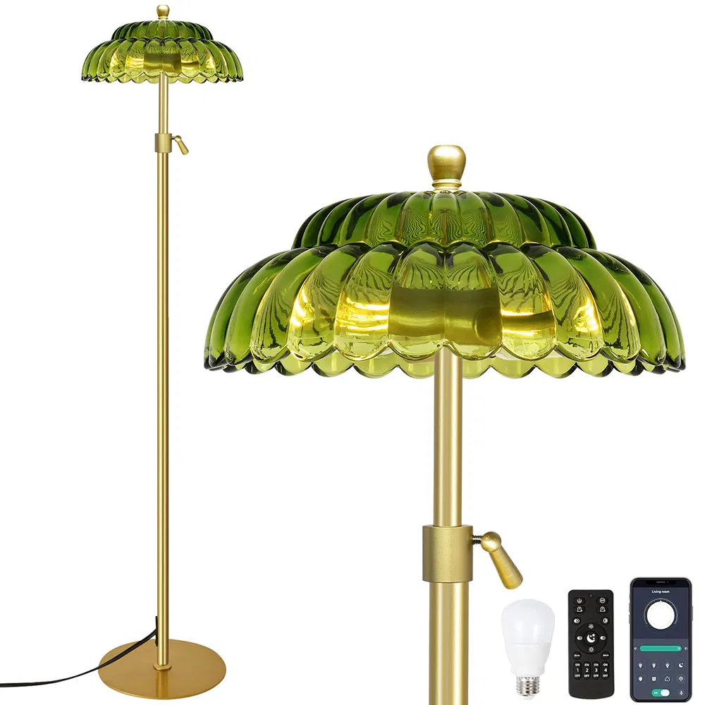 Vintage Gold Remote Control Color Temperature MID Century Modern Glass Brass Flower Tall Standing Floor Lamp