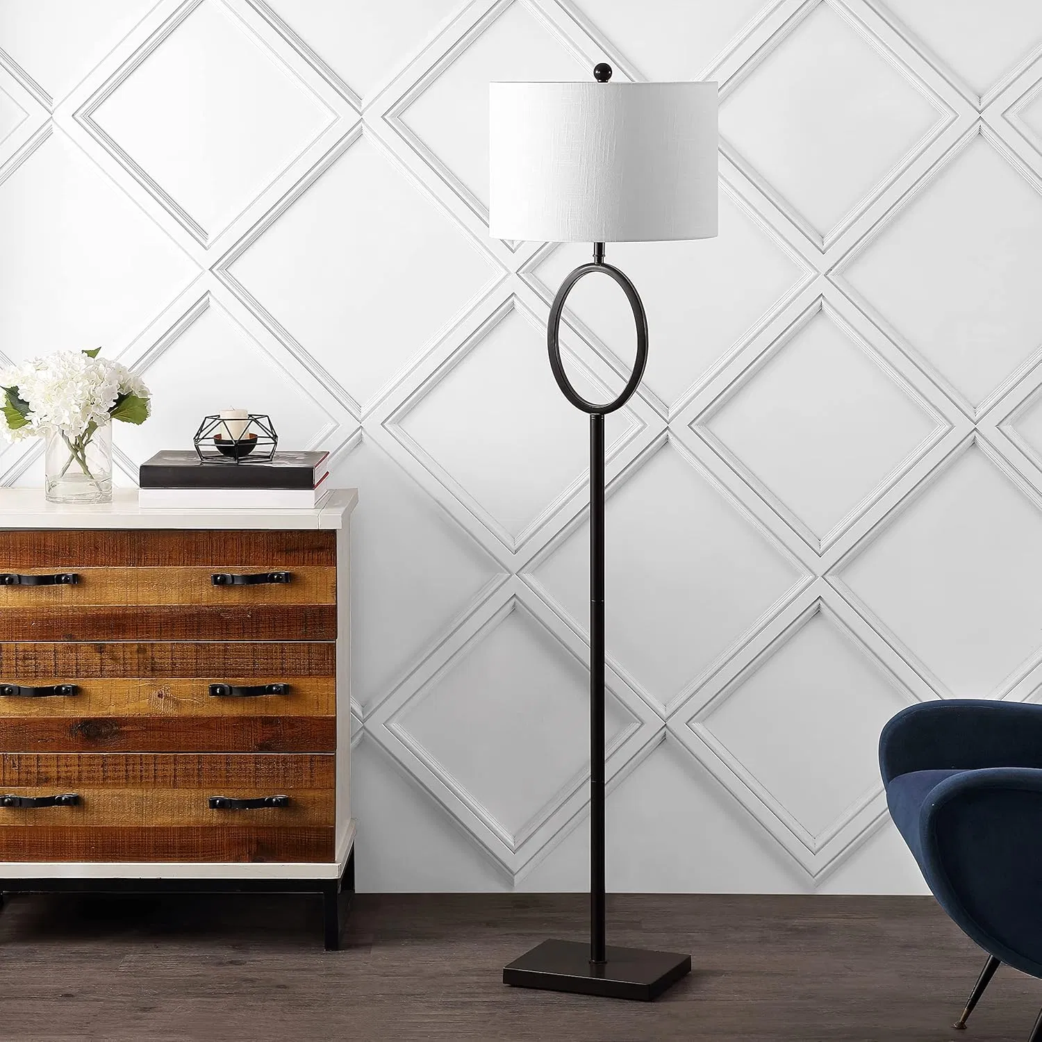 Modern Oil Rubbed Bronze Tall MID Century White Linen Drum Shade LED Corner Floor Lamp