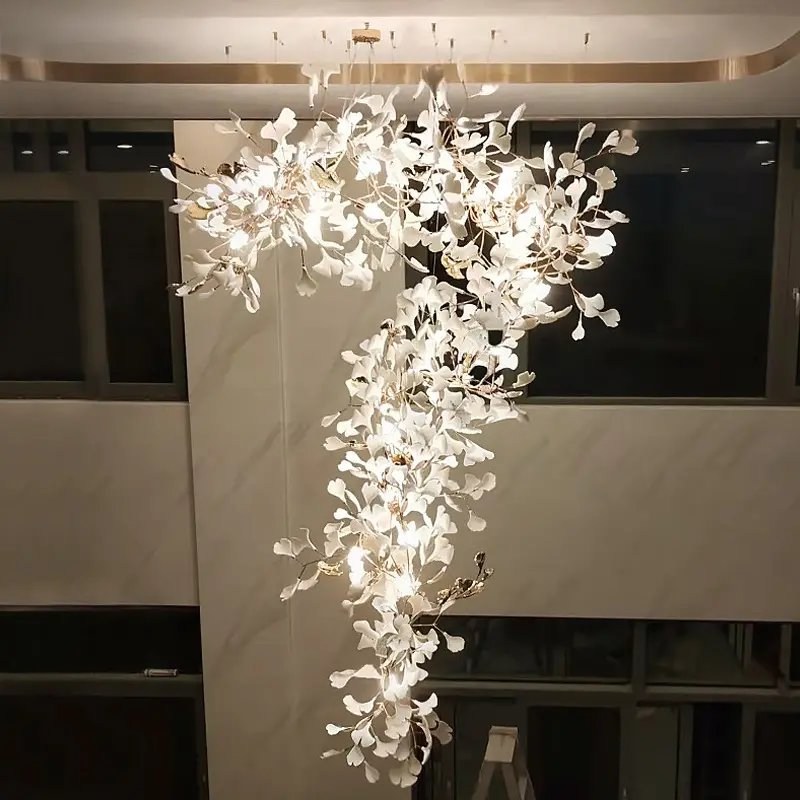 Modern Long Staircase Chandeliers Pendant Lights Custom Hotel Gold Large LED Ceiling Lighting Luxury Flower Crystal Chandeliers