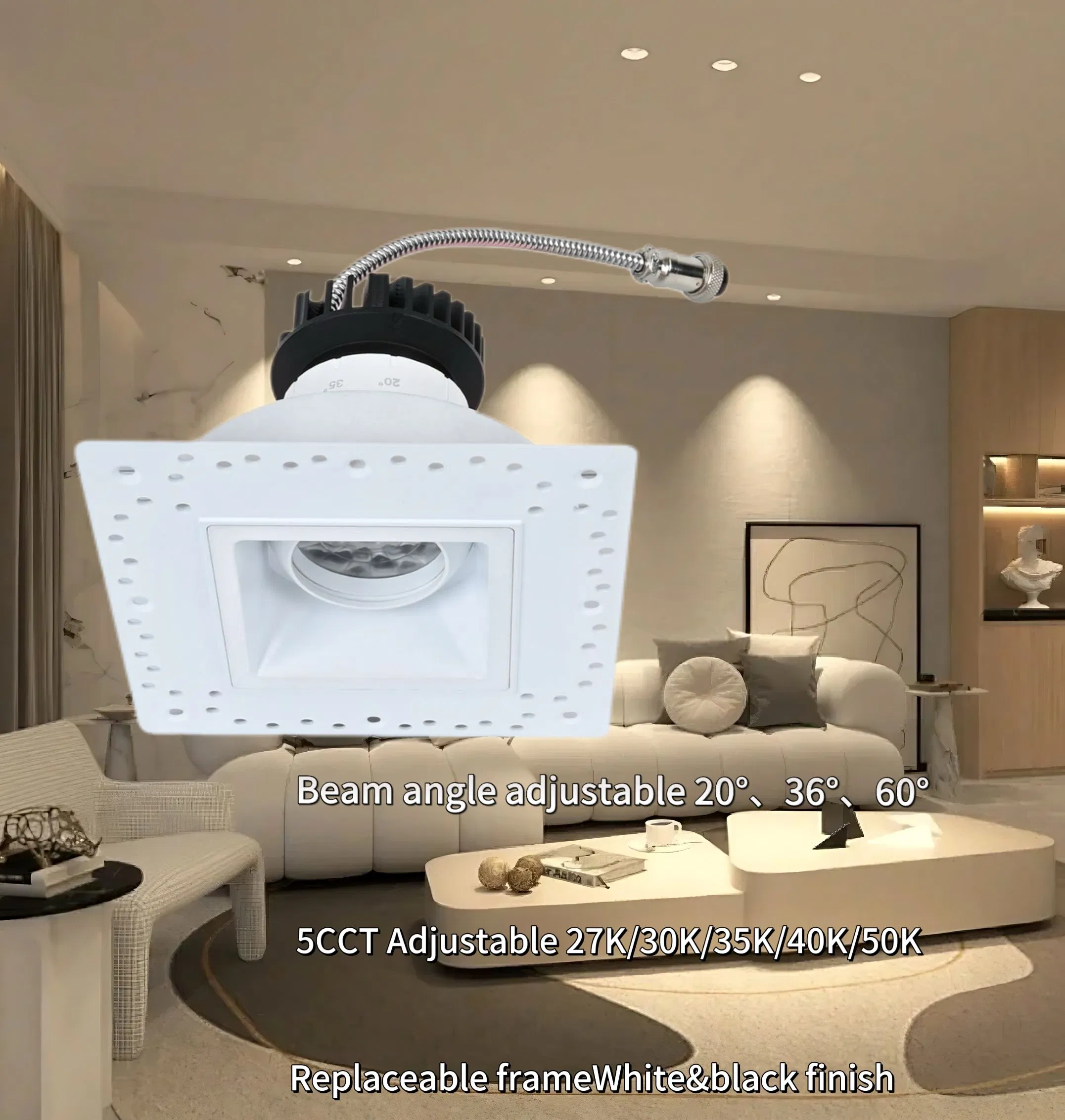 Dimmable LED COB Lighting Directional Down Lights Invisible Trimless Square Gimbal 3inch Recessed Ceiling Canless Lights Low Glare Beam Angle Adjustable CRI 90+