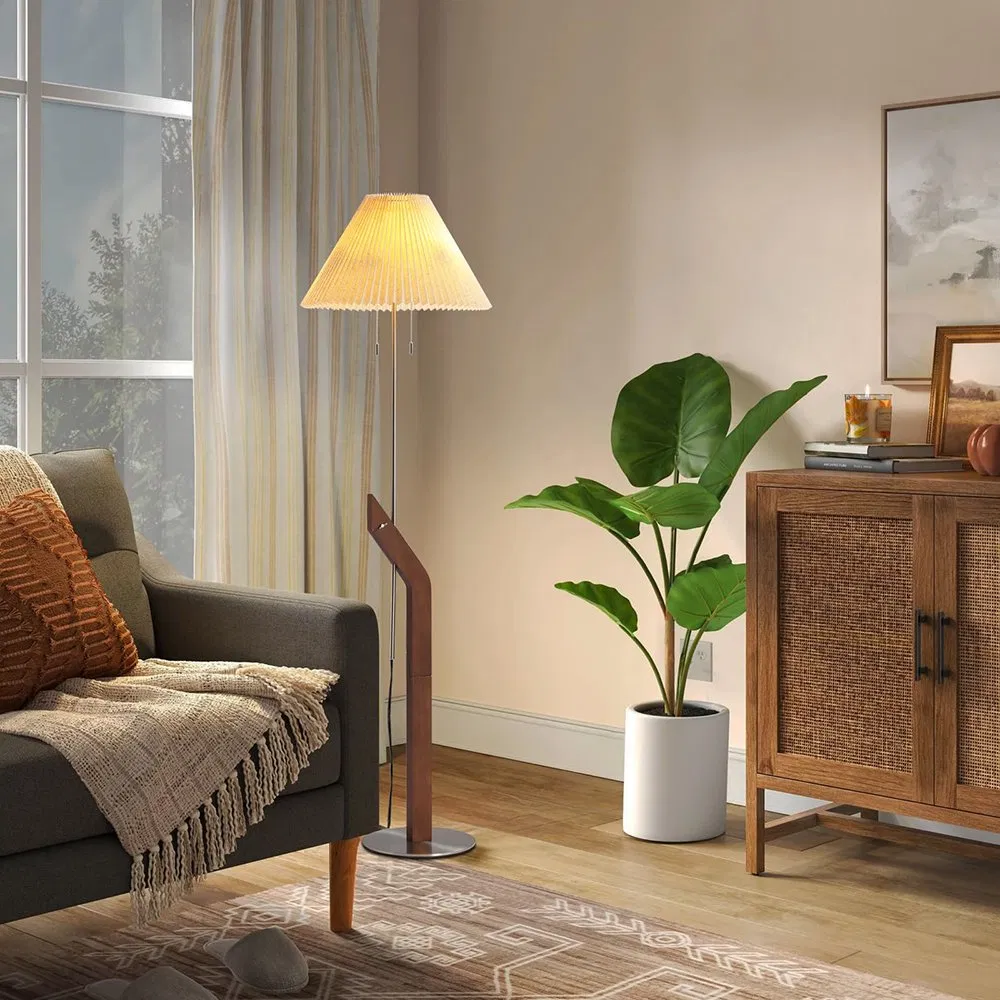 Wood Modern MID Century Vintage 2-Light Height Adjustable Living Study Bedroom Office Tall Standing Linen Lampshade Floor Lamp