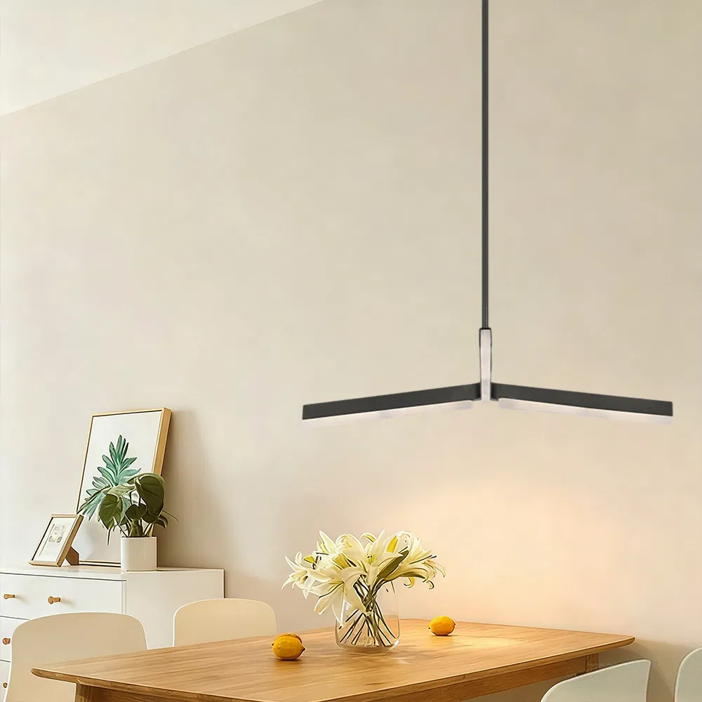1-Layer V-Shaped Black Linear LED Pendant Light, Minimalist Hanging Chandelier for Dining Table