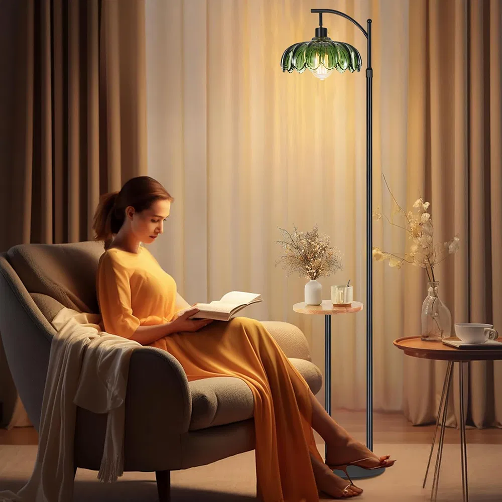 Vintage Gold Remote Control Color Temperature MID Century Modern Glass Brass Flower Tall Standing Floor Lamp