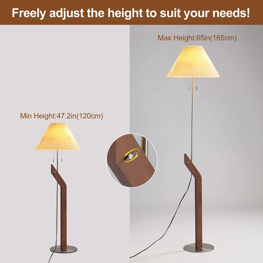 Wood Modern MID Century Vintage 2-Light Height Adjustable Living Study Bedroom Office Tall Standing Linen Lampshade Floor Lamp