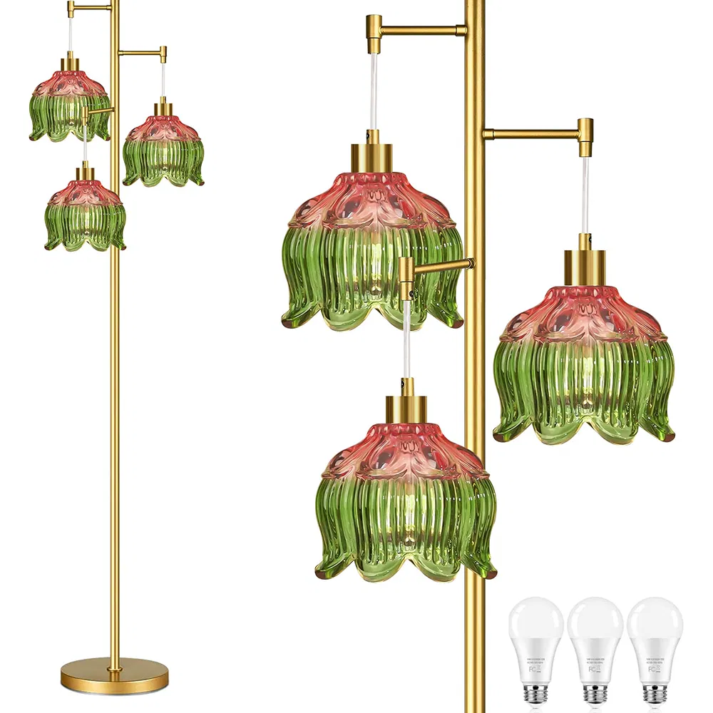 Living Room Bedroom MID Century Modern Standing Lamp Brass Tree Tall Floor Lamps Vintage Retro Floor Lights Glass Amber Flower Lamp