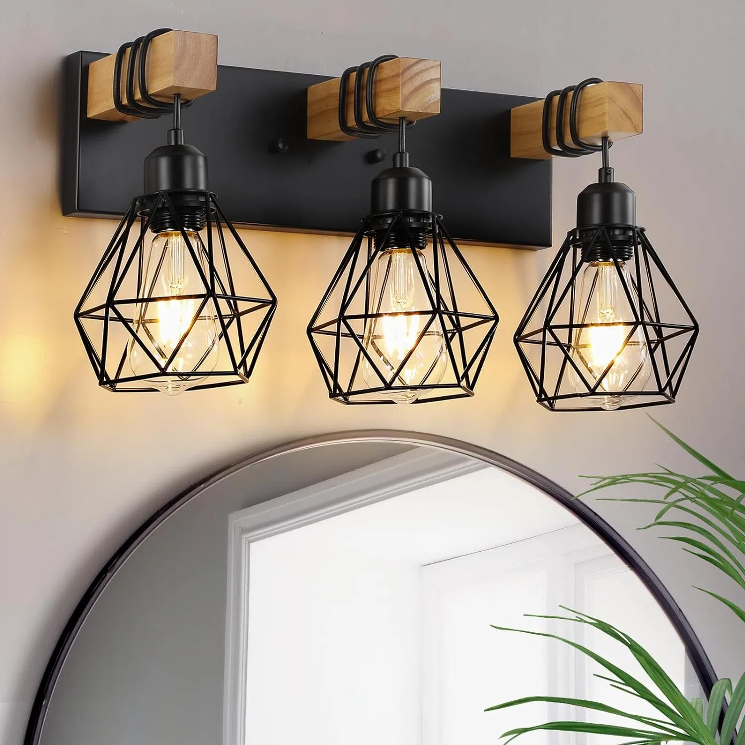 Farmhouse Vanity Light for Bathroom, 3-Light Wood Bathroom Vanity Light Fixtures Over Mirror, Rustic Sconces Wall Lighting with Metal Lampshade for Living Room