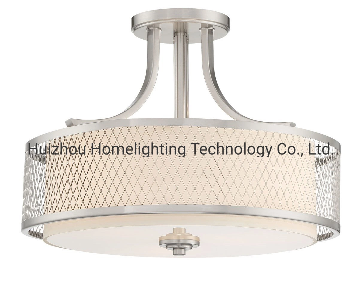 Jlc-Fs06 Mesh Fabric Shade 3-Light Semi-Flush Mount Ceiling Light Fixture with Tempered Glass Diffuser