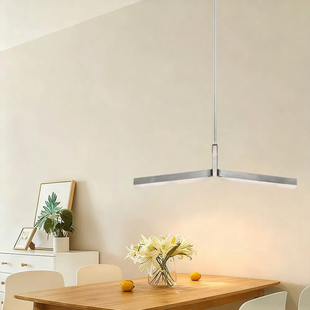 Minimalist Single-Tier V-Shaped Silver Linear LED Pendant Chandelier, Modern Hanging Lamp for Dining Table