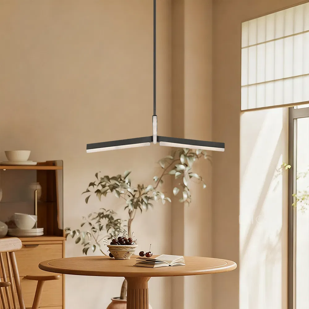 1-Layer V-Shaped Black Linear LED Pendant Light, Minimalist Hanging Chandelier for Dining Table