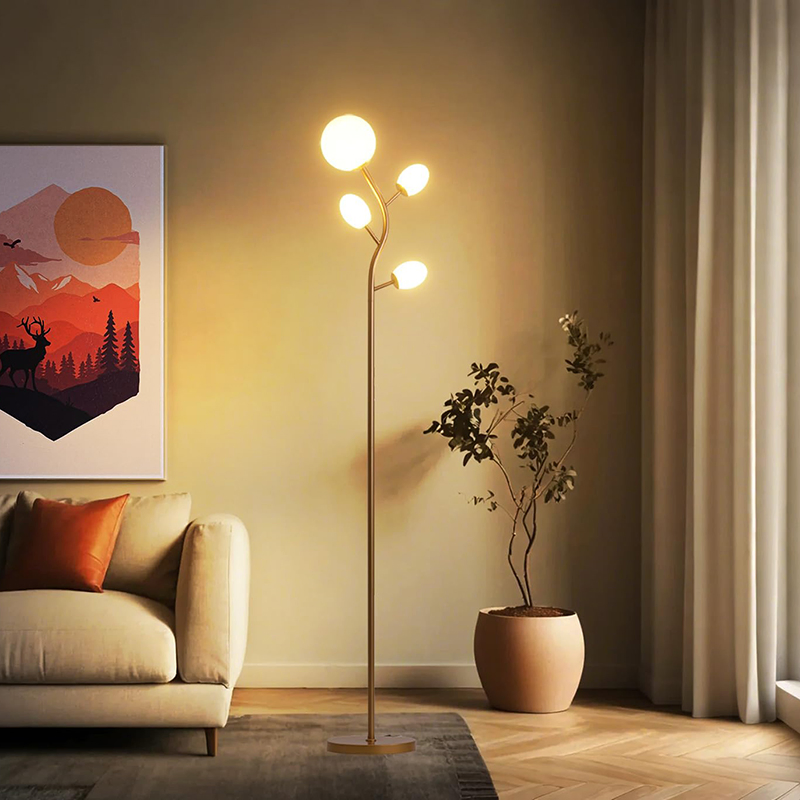 MID Century Modern Floor Lamp Living Room Gold Standing Lamp Rosted Glass Shade Warm LED Bulbs Vintage Retro Tall Lamps