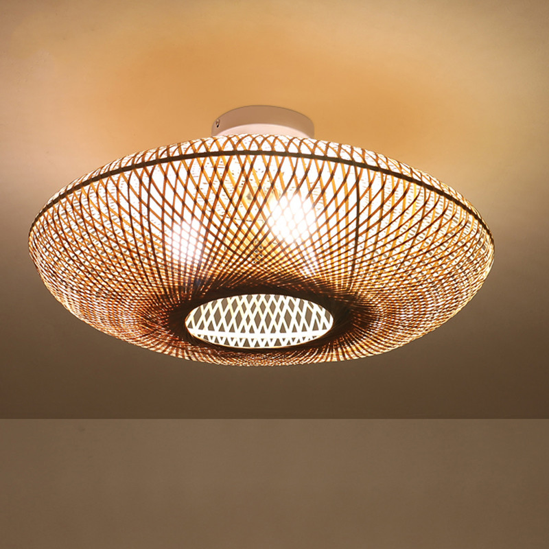 Round Bamboo Wicker Rattan Semi Flush Mount Ceiling Light (WH-WA-36)