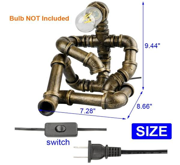 Water Pipe Table Lamp Robot Style- Retro Industrial Lamp Light- Antique Steampunk Lamp Bedside Lighting Fixture for Office, Cafe Bar