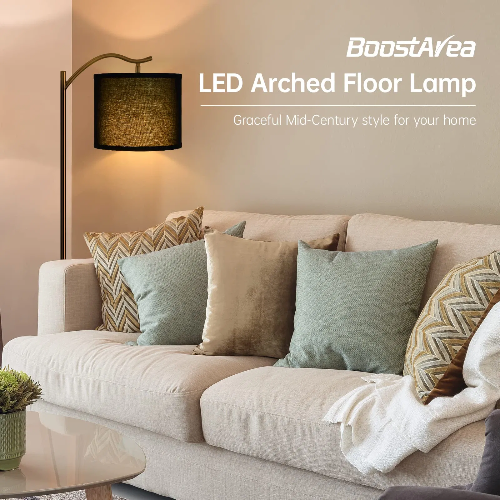 Modern Standing Living Room LED Arched/Tall Lamp Beige Linen Shade Footswitch MID Century Floor Lamp