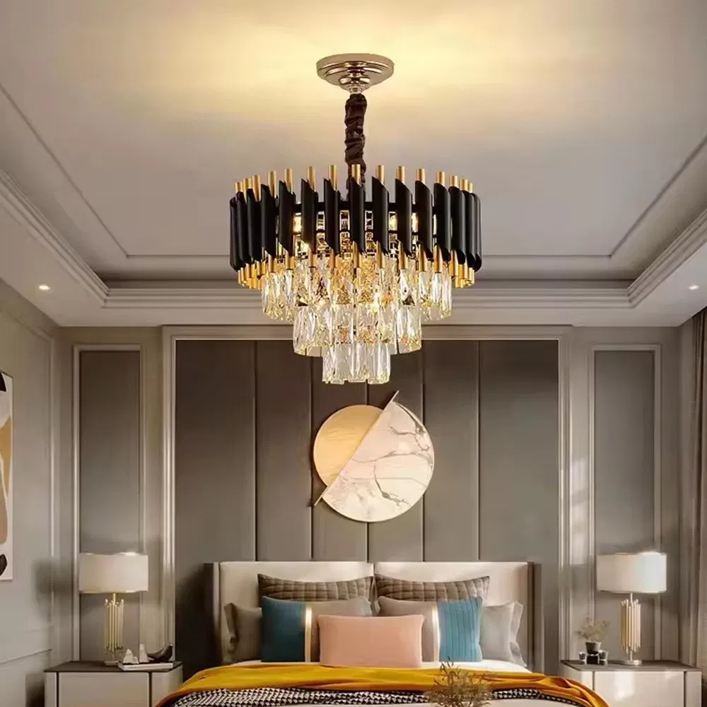 Dining Room Pendant Lights Black Round Modern Chandeliers Ceiling Luxury Crystal