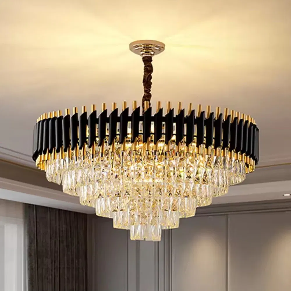 Dining Room Pendant Lights Black Round Modern Chandeliers Ceiling Luxury Crystal