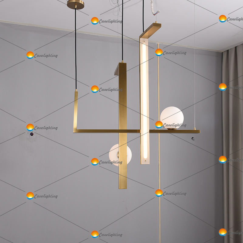 Modern L Shape Combination Linear Pendant Lamps Golden Metal with Milk Glass Globe Ceiling Light Nordic Minimalist Chandelier