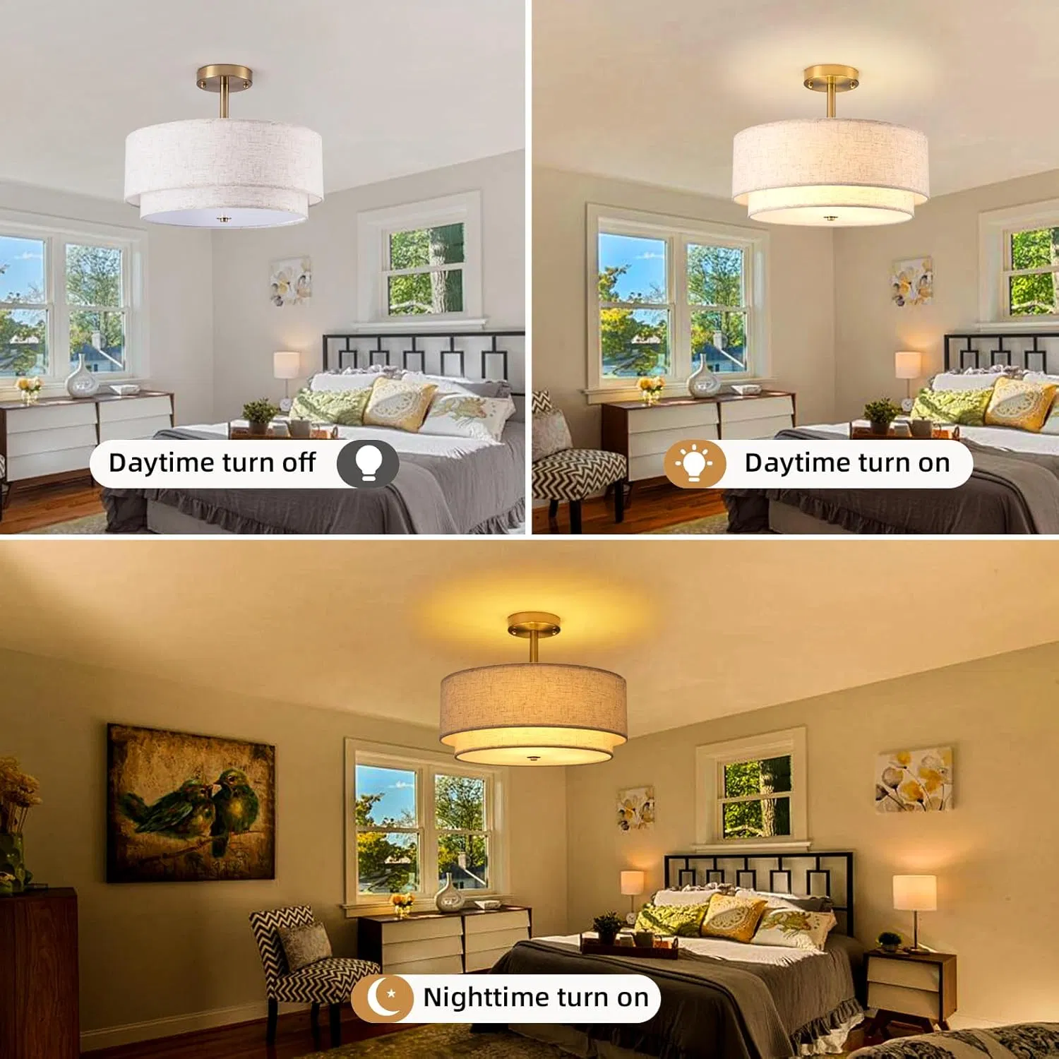 16" Semi Flush Mount Ceiling Light Fixture 3-Lights Gold Drum Ceiling Light for Bedroom