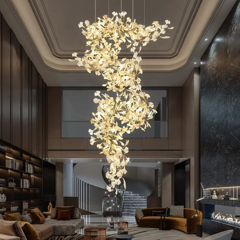 Modern Long Staircase Chandeliers Pendant Lights Custom Hotel Gold Large LED Ceiling Lighting Luxury Flower Crystal Chandeliers