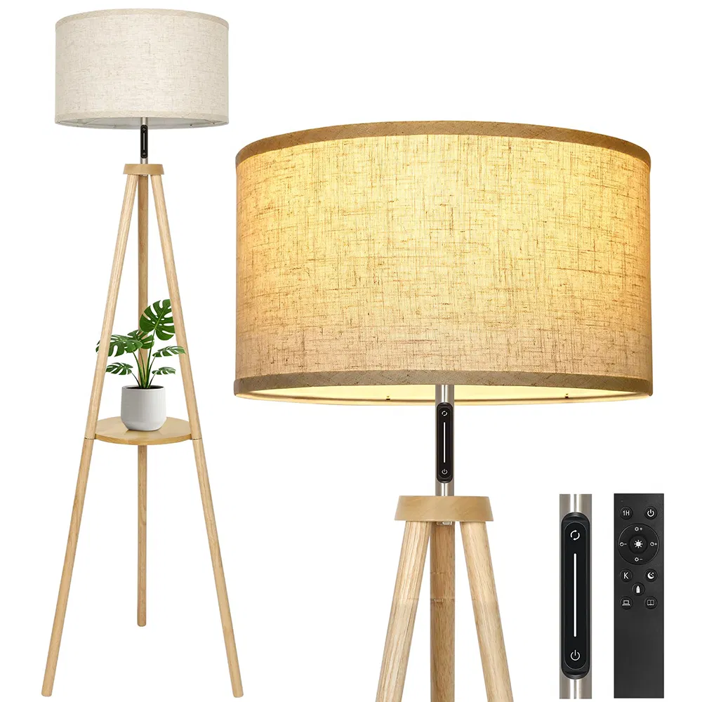 MID Century Floor Lamp Remote Control Modern Dimmable Standing Lamp Beige Linen Shade Living Room Bedroom Wood Tripod Floor Lamp