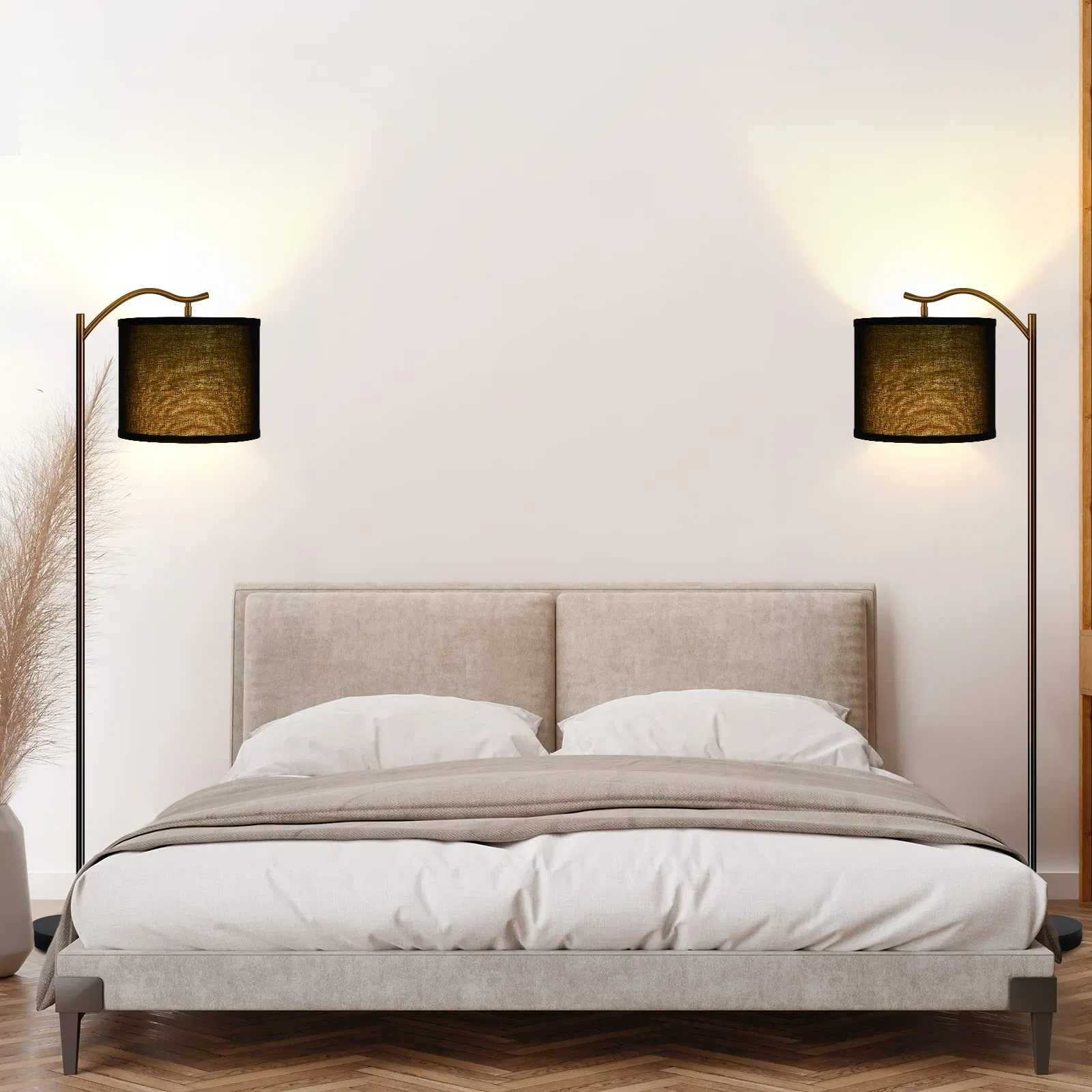 Modern Standing Living Room LED Arched/Tall Lamp Beige Linen Shade Footswitch MID Century Floor Lamp