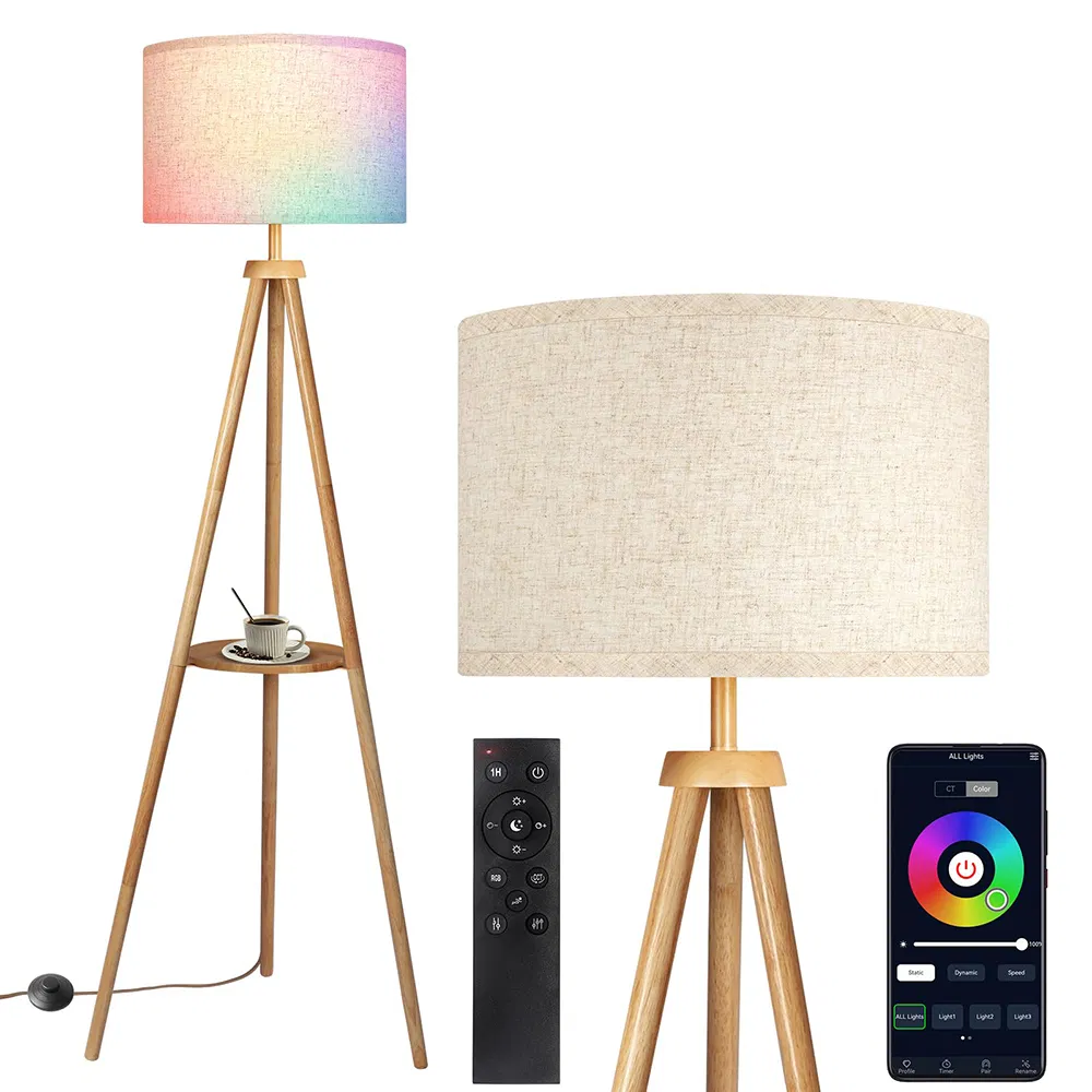 MID Century Floor Lamp Remote Control Modern Dimmable Standing Lamp Beige Linen Shade Living Room Bedroom Wood Tripod Floor Lamp
