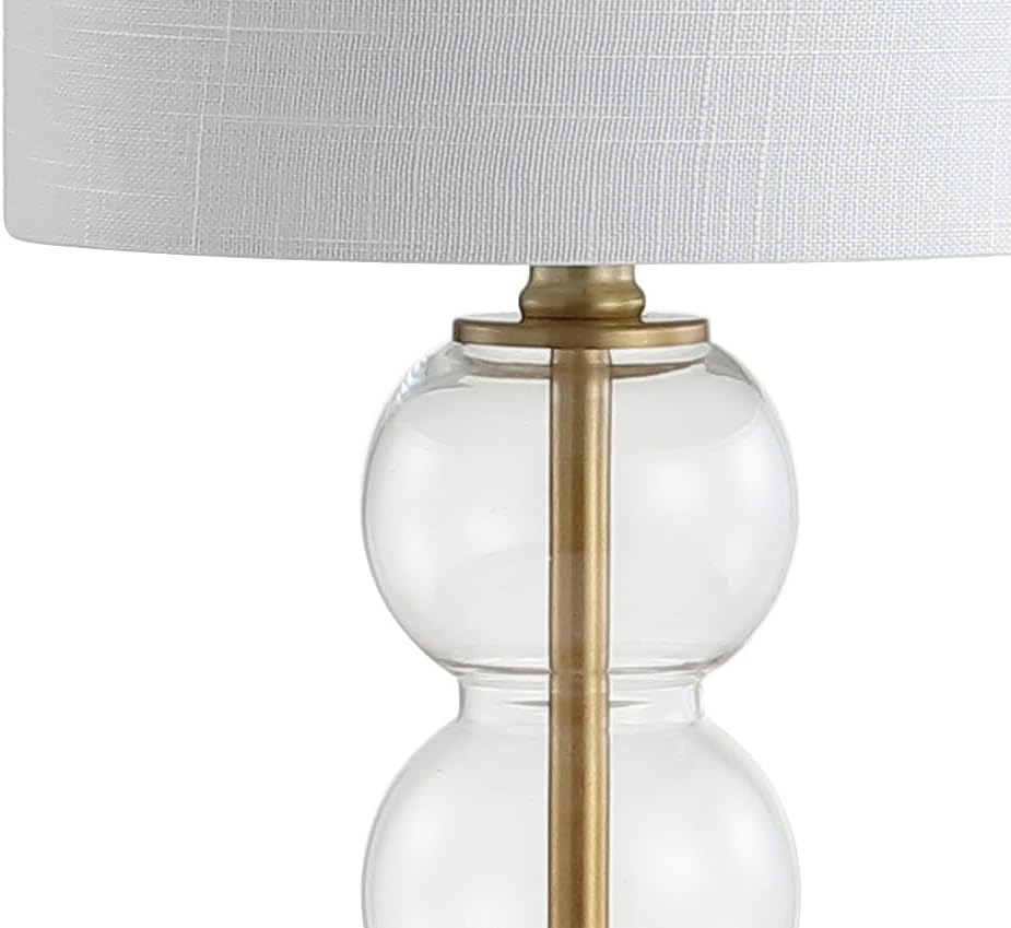 Modern Art Deco Clear Glass Stacked Sphere White Linen Shade Brass Gold Table Lamp