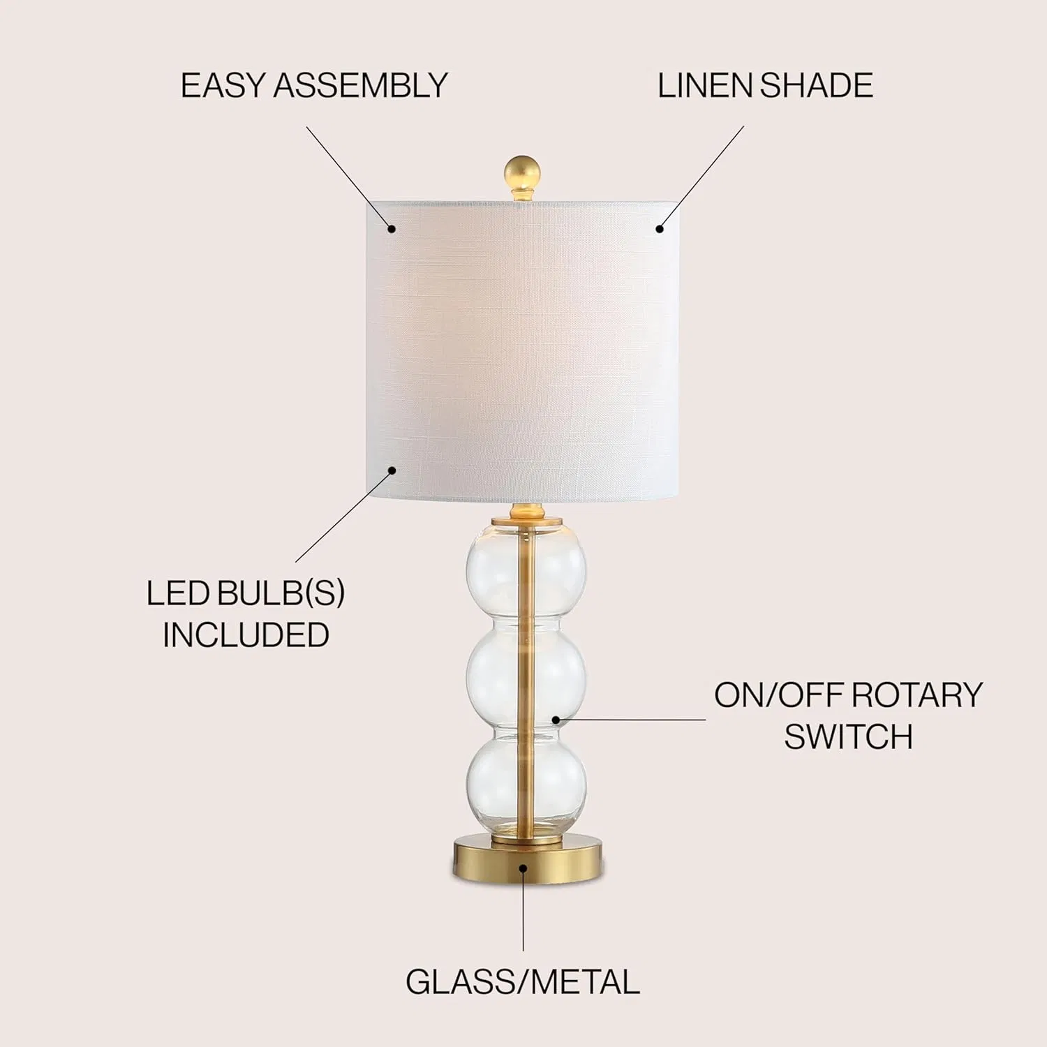 Modern Art Deco Clear Glass Stacked Sphere White Linen Shade Brass Gold Table Lamp