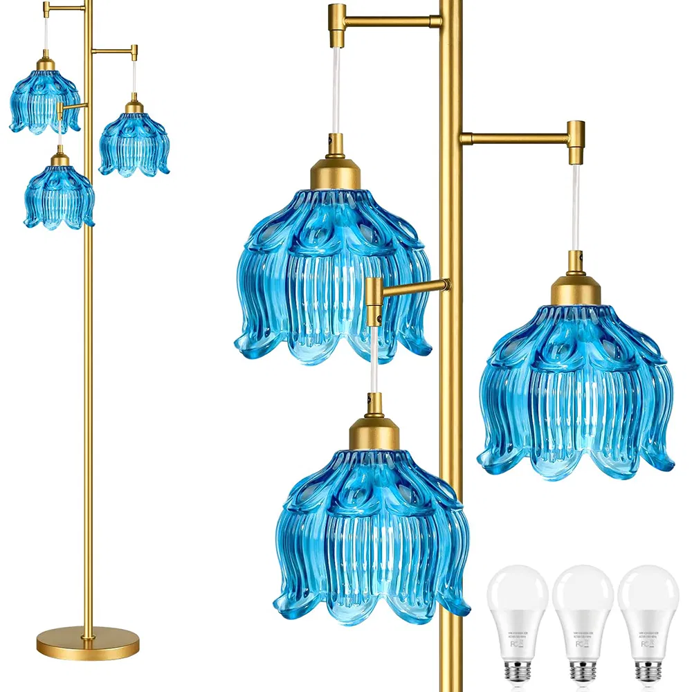 Living Room Bedroom MID Century Modern Standing Lamp Brass Tree Tall Floor Lamps Vintage Retro Floor Lights Glass Amber Flower Lamp