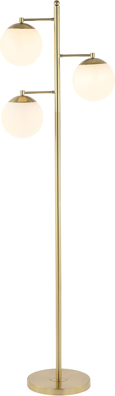 Modern MID Century Brass Gold Art Deco Tall Pole White Glass Globe Shade LED Floor Lamp